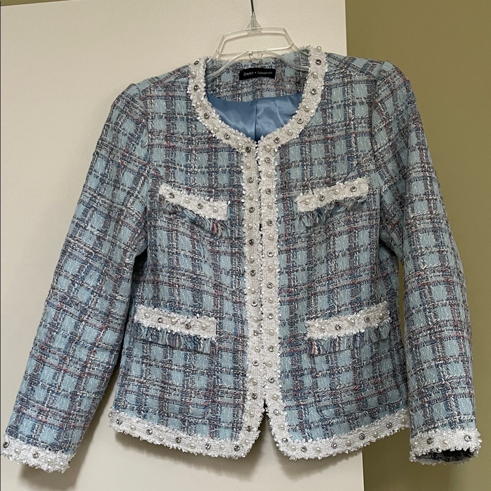 Stella + Lorenzo Blue Tweed Blazer with White Accents